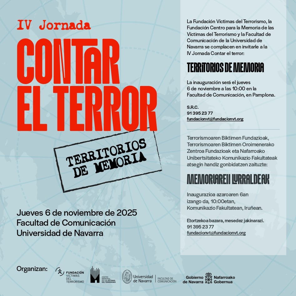 Mañana presentamos la IV Jornada de Contar el terror donde se reunirán en Fcomunav periodistas, académicos, víctimas y expertos para reflexionar sobre cómo narrar y recordar la violencia terrorista. 

Recuerda inscribirte en: unav.edu/eventos/-/even…