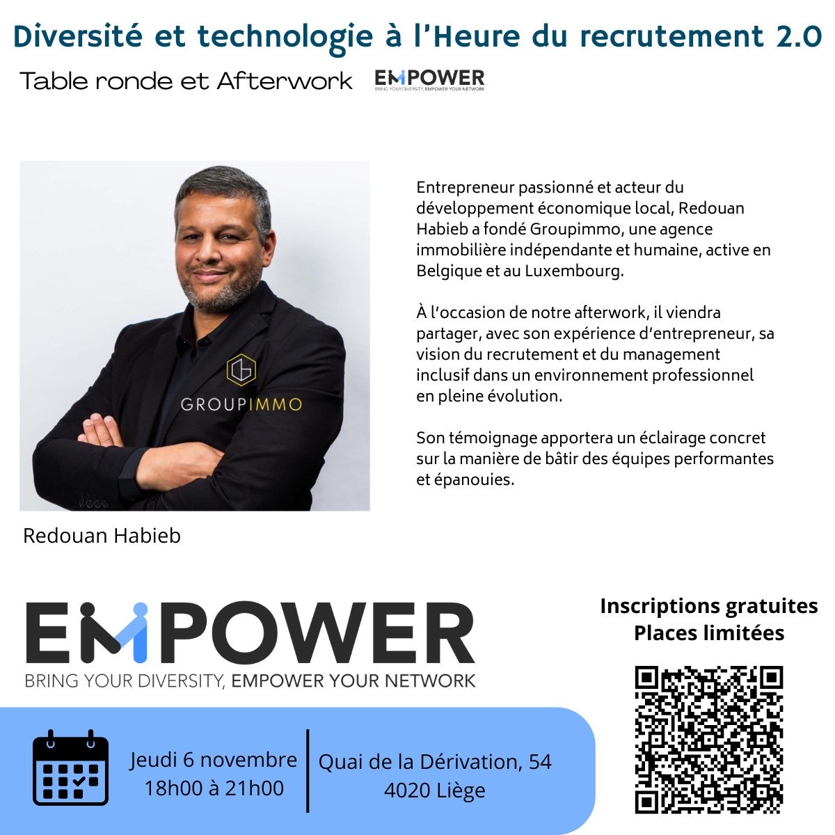 HabiebRedouan's tweet image. 🚀 Diversité, technologie et recrutement 2.0 — on en parle ensemble demain à Liège !

J’ai le plaisir de vous annoncer ma participation à la table ronde et afterwork organisée par EMPOWER, ce jeudi 6 novembre, de 18h à 21h, au Quai de la Dérivation 54 à Liège.