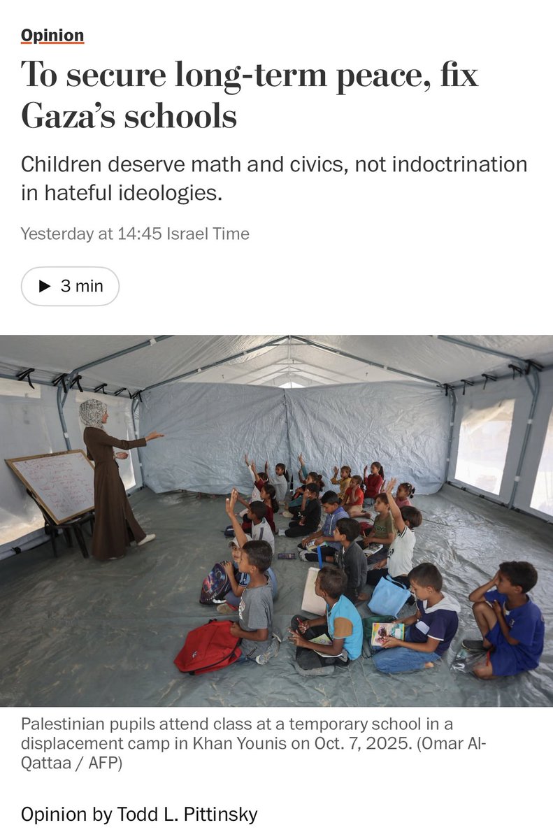 OrenMarmorstein's tweet image. “Few parents in London, Paris or Washington would tolerate their child being taught that violence is noble or that neighbors are subhuman. Yet the international community has subsidized precisely that curriculum for Palestinian children”
@washingtonpost

washingtonpost.com/opinions/2025/…