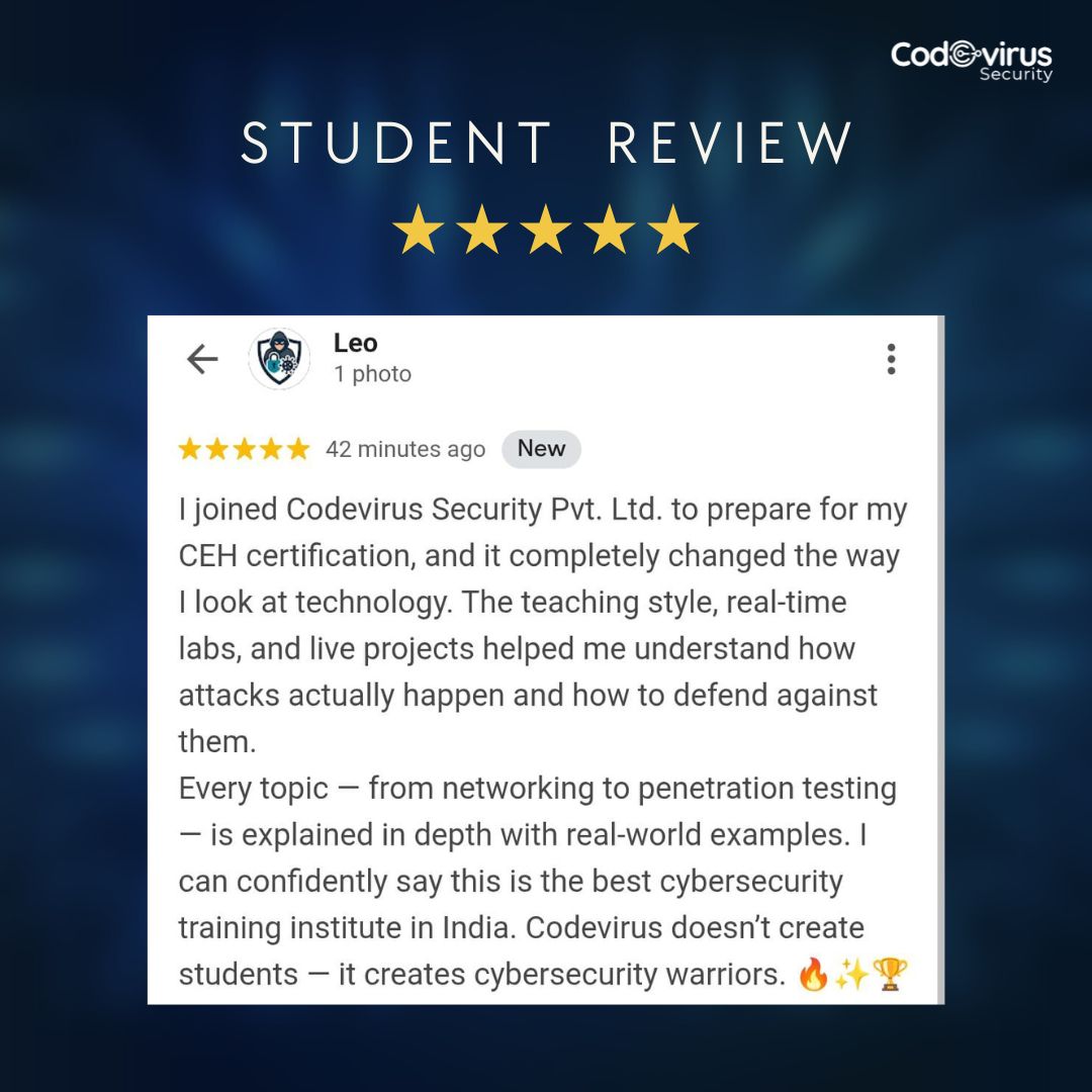 codevirussec's tweet image. Our students’ success is our biggest achievement! Thank you for trusting Codevirus Security to guide your cybersecurity journey. 🔐 
#CodevirusSecurity #CybersecurityEducation #StudentSuccess