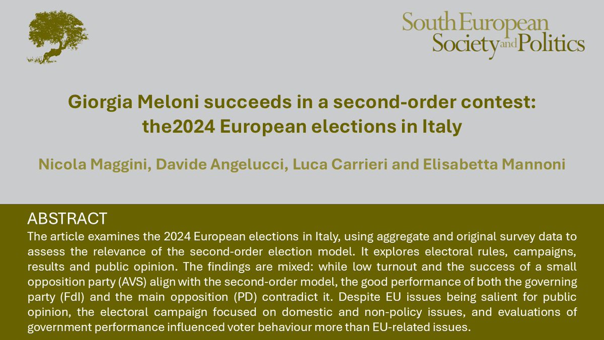 📢NEW ARTICLE!📢 🇮🇹
Giorgia #Meloni succeeds in a second-order contest: the 2024 #EuropeanElections in #Italy

Read the article by <a href="/MagginiNicola/">Nicola Maggini</a>, D. Angelucci, <a href="/carrieri86/">Luca Carrieri</a>, and E. Mannoni
 here 👇
tandfonline.com/doi/full/10.10…