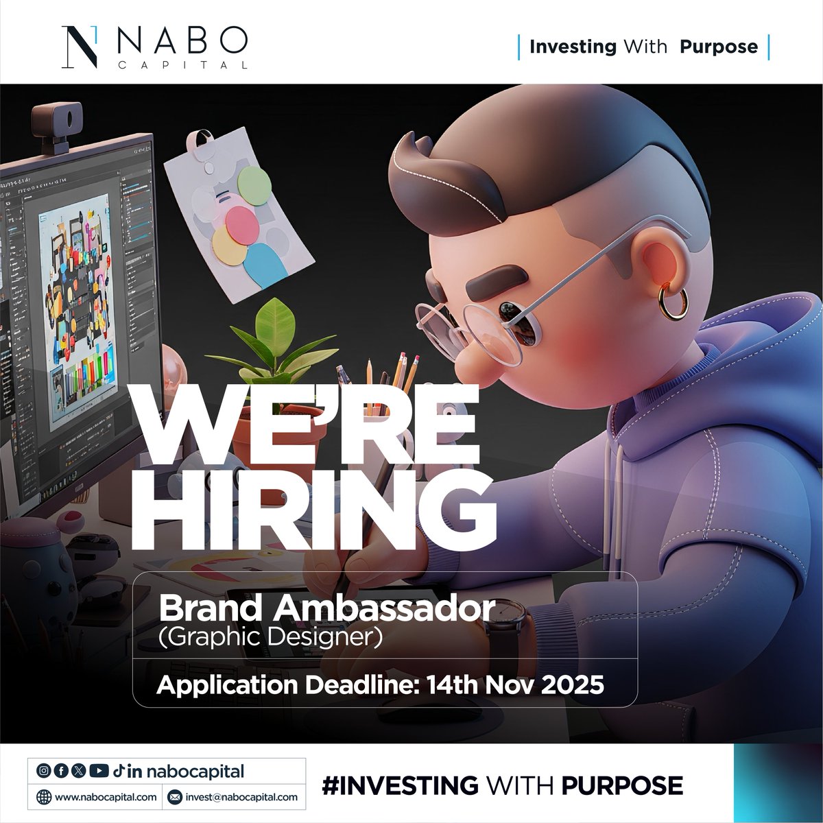 NaboCapital's tweet image. We are Hiring! 

To apply: Kindly send your CV, portfolio (PDF or link), and a brief cover letter explaining why you are the right fit to jobs@nabocapital.com

All the best!

#WeAreHiring #GraphicDesigner #DesignWithPurpose #NaboCapital #CreativeCareers