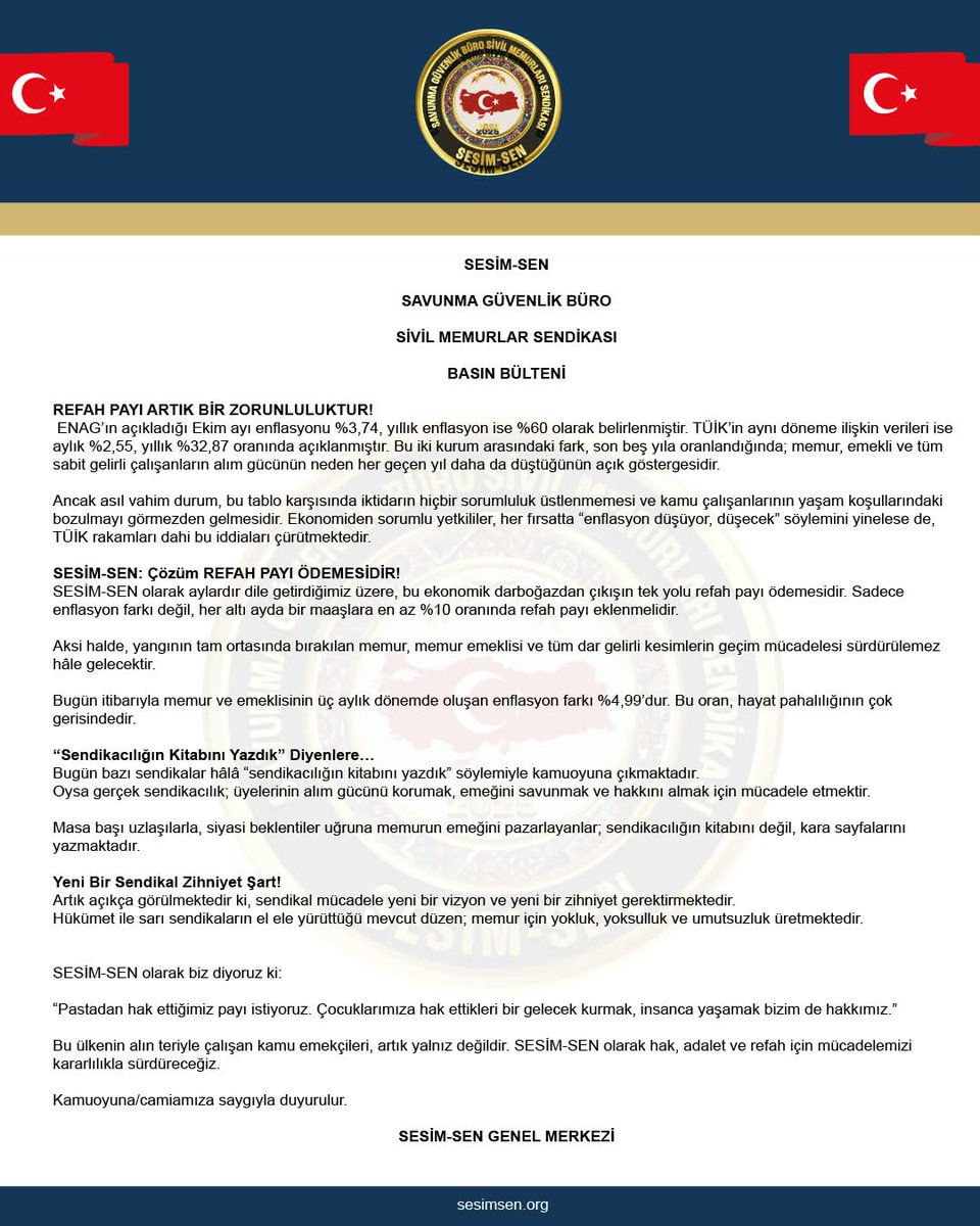 facebook.com/share/p/1CQ1Xs…

SESİM-SEN
SAVUNMA GÜVENLİK BÜRO
SİVİL MEMURLARI SENDİKASI

REFAH PAYI ARTIK BİR ZORUNLULUKTUR!

Kamu emekçilerinin alım gücü her geçen gün düşerken, yalnızca enflasyon farkı vermek çözüm değildir.

SESİM-SEN
Savunma Güvenlik ve Büro Memurları Sendikası