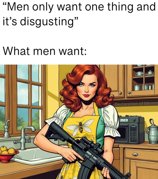 Cartoon illustration of a woman with long red curly hair, blue eyes, fair skin, wearing a white dress with puffed sleeves and a green apron featuring yellow bee patterns and white trim, standing confidently in a cozy kitchen with warm yellow walls, wooden cabinets, white sink, microwave, cups on shelves, and a window with curtains in the background, holding a black AR-15 rifle across her body with both hands, smiling at the viewer.