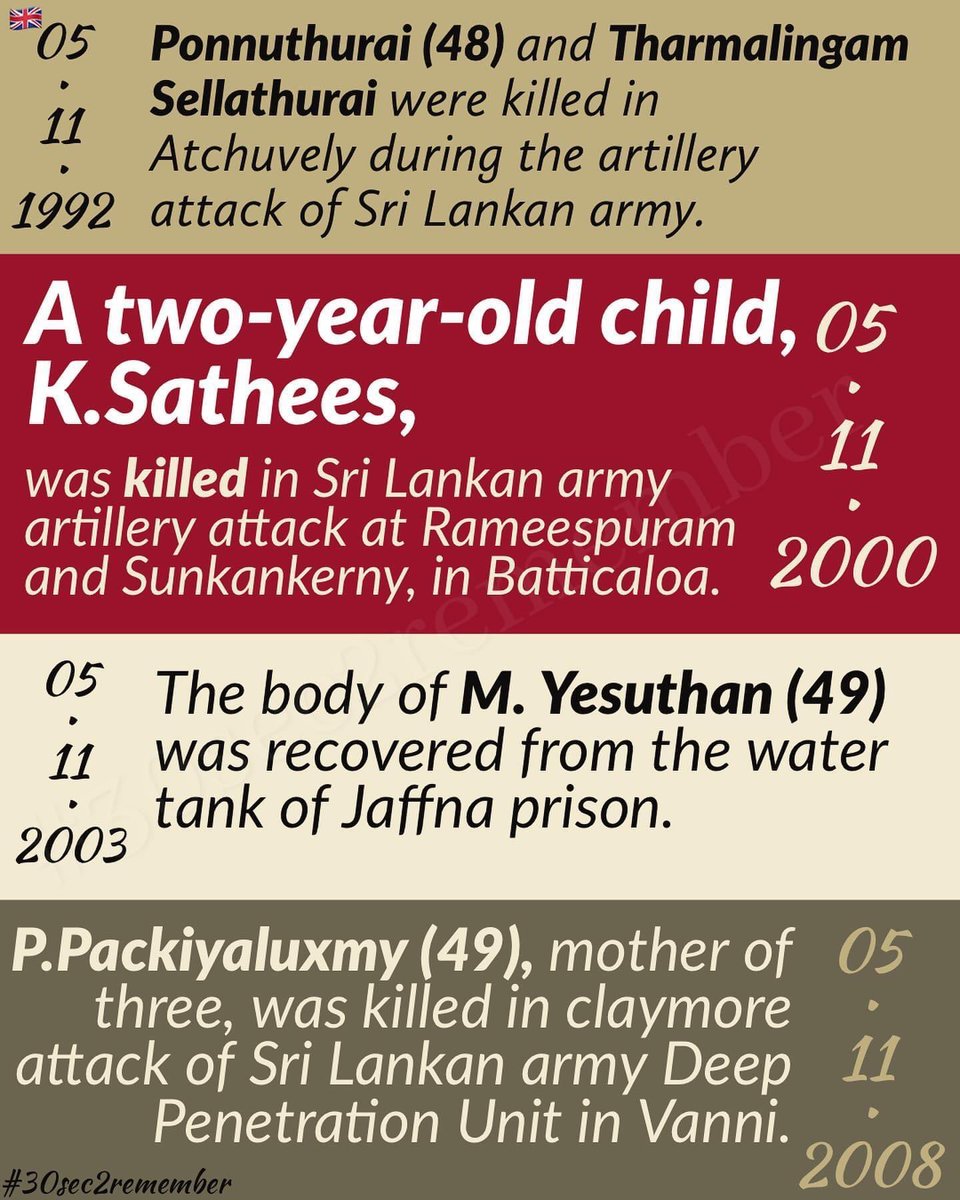 30sec2remember's tweet image. Nov 5, 2000 – A two-year-old child, K. Sathees, was #killed in a Sri Lankan army #artillery attack on Rameespuram and Sunkankerny, Batticaloa. Another reminder of how even the youngest lives were not spared. 🕯️ 

#30sec2remember #Eelam #GenocideOnTamils #Genocide #UNICEF