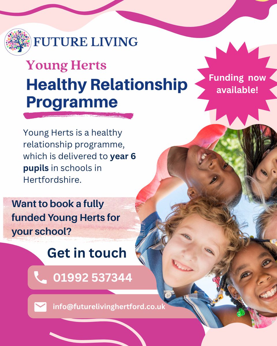Funding is now available for our Young Herts healthy relationship programme. 

If you work in a school in Hertfordshire and are interested in securing a fully funded programme for your school, get in touch today. 
Email: info@futurelivinghertford.co.uk 

#FutureLivingHertford