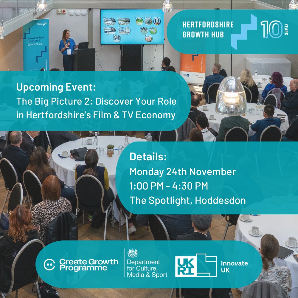 FREE event from Hertfordshire Growth Hub: The Big Picture 2: Discover Your Role in Hertfordshire's Film &amp; TV Economy 🎞️

📅 Monday 24 November
📌 The Spotlight, Hoddesdon

Learn more about the event and book: ow.ly/nLwc50Xmjyh