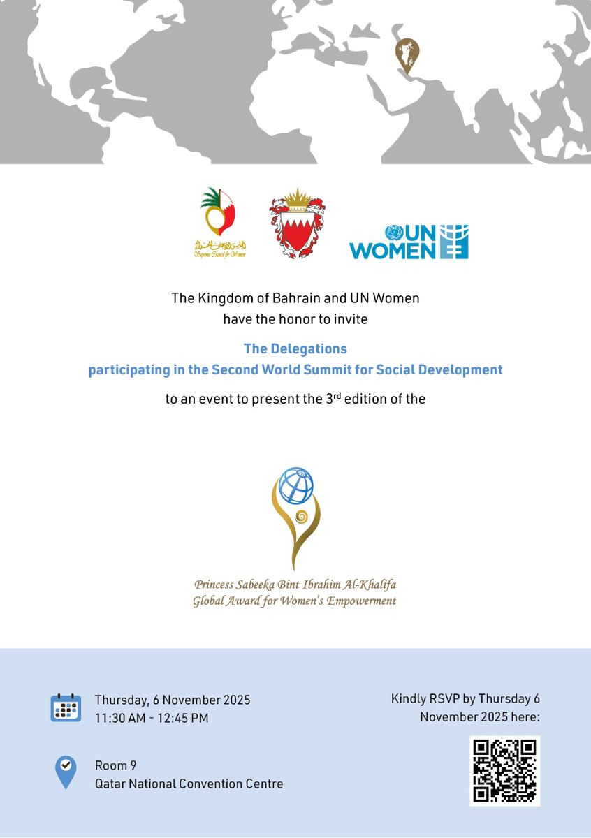 انضموا إلى SCWBahrain @UN_Women@ غدًا في #القمة العالمية للتنمية الاجتماعية 2025 في #الدوحة لمعرفة المزيد عن #الجائزة_العالمية_للمرأة وكيفية التقدم للحصول على الجائزة.
📅 6 Nov 2025 | 11:30 AM (Doha Time) 
📍 Qatar National Convention Centre 

🔗 unwo.men/R8zU50XmrC8