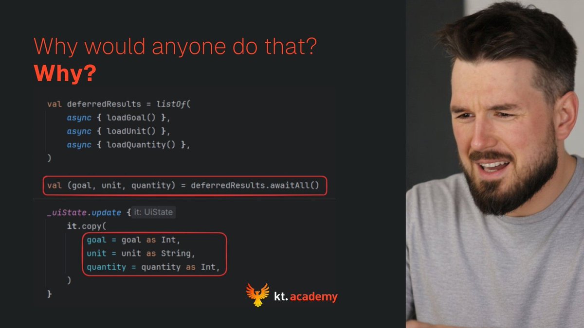 marcinmoskala's tweet image. When I show my example using async to fetch multiple values, people constantly suggest using awaitAll(). Why? This is nonsense!