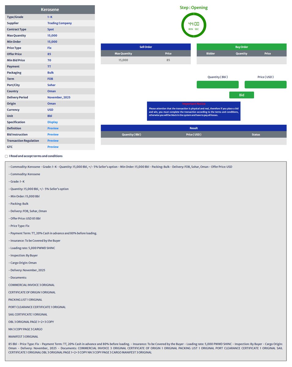ArmaitiMex's tweet image. 🚨 #Kerosene - Opening Step (2025-11-05)
➡️ TIME  ( 09:00  AM )
#FOB #OMAN  15,000t

🌍#ARMAITIMEX is building a future rooted in trust, powered by data, and designed for clarity.

🔗 Register FREE 
 armaitimex.com

#fertilizer #oott #Gas #petroleum #energy #mining #oil