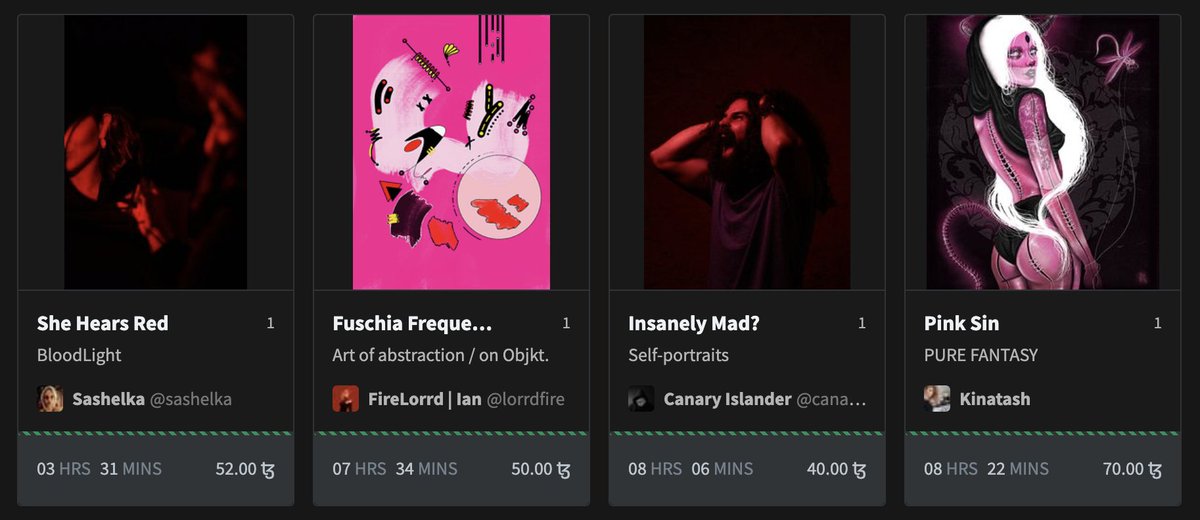 🔥 Status check 🔥

318 artists already minted 440 artworks in PINK and/or RED for the current #1of1SZN and there are 18 live auctions running + 38 sold! 🤩

❤️ These 4 are ending soon, don't miss them! ❤️

Join the bidding (🔗⬇️)