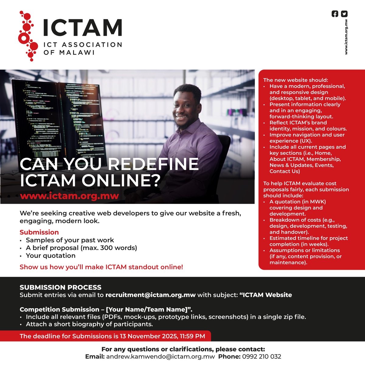 💻 Got a knack for creative web design?
ICTAM wants YOU to redesign our website!
Send your concept, past work &amp; quote today.
🕓 Deadline: 13 Nov 2025
📧 recruitment@ictam.org.mw
#ICTAM #WebDev #TechInMalawi