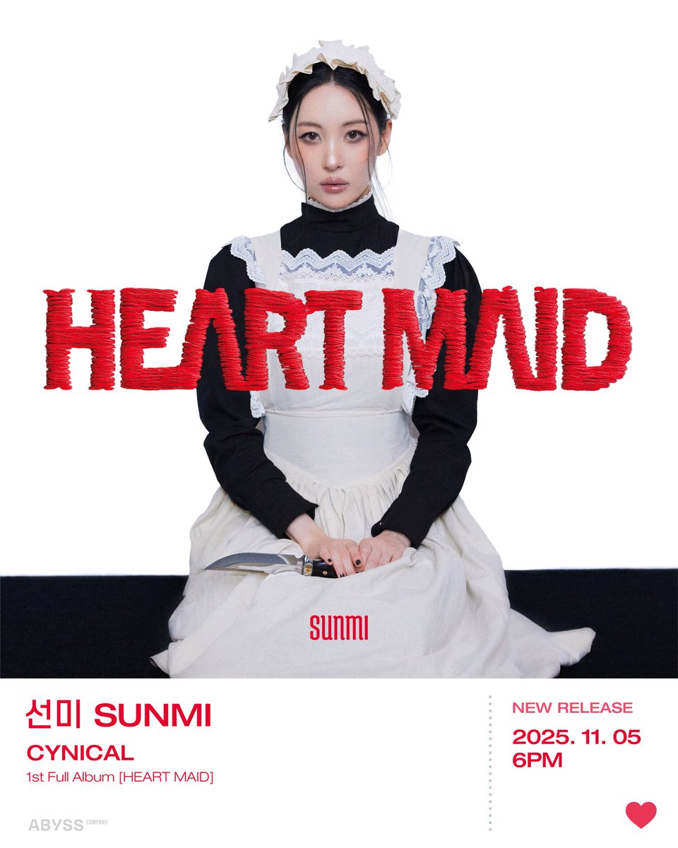 ABYSS_COMPANY's tweet image. 💿 선미(SUNMI) 1st Full Album [HEART MAID]

&apos;CYNICAL&apos;

🎧 kko.kakao.com/DhIXuTsppY
🎧 music.youtube.com/playlist?list=…
🎧 open.spotify.com/album/3VTC0g2E…
📺 youtu.be/gIqlV9Dh2uU

#선미 #SUNMI
#HEART_MAID
#CYNICAL