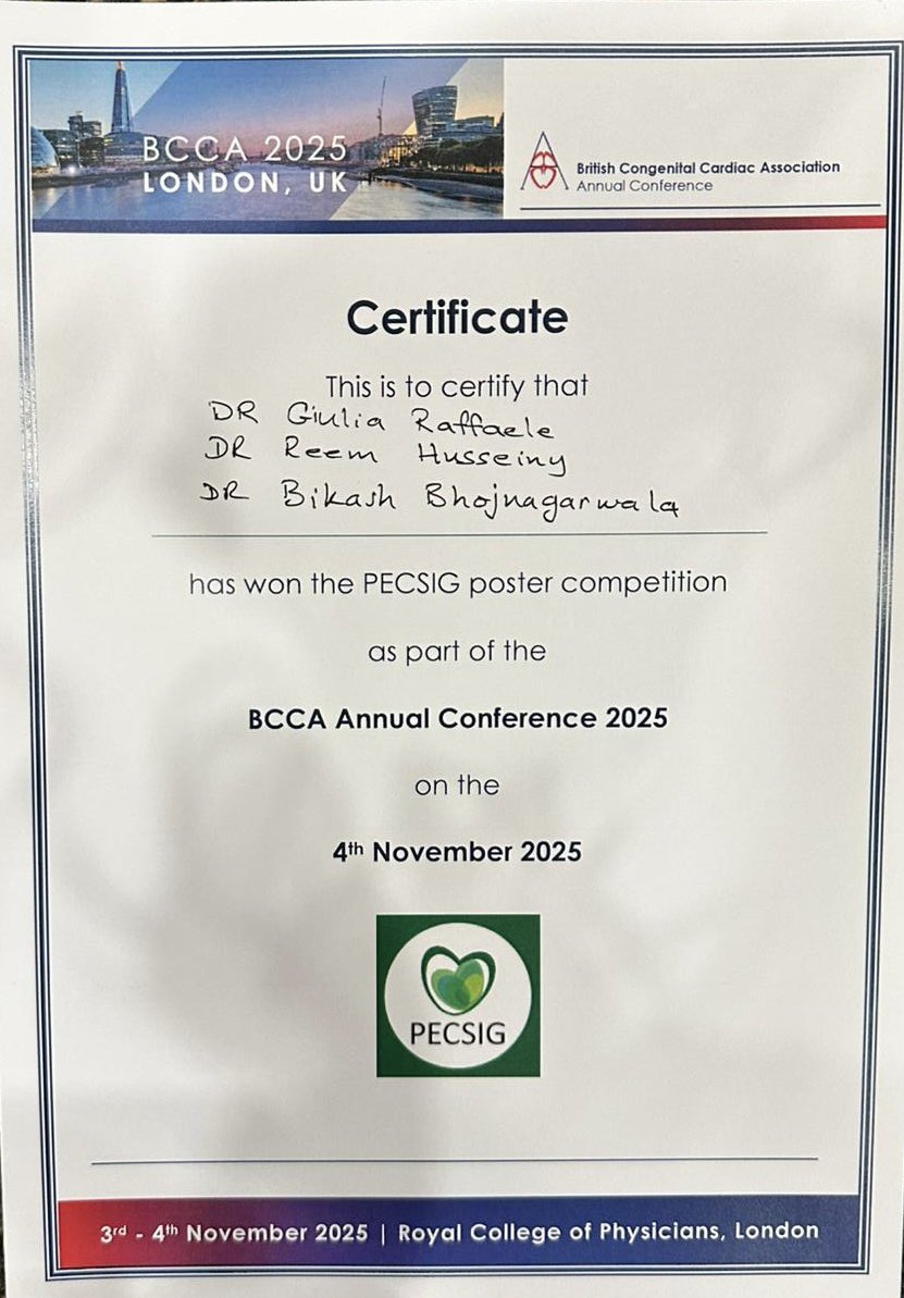 Honoured to have been awarded First Place in the PECSIG Poster Competition at the British Congenital Cardiac Association (BCCA) Annual Conference 2025 in London!🏆

Proud to have led this work as first author and deeply grateful for the encouragement and feedback from colleagues.