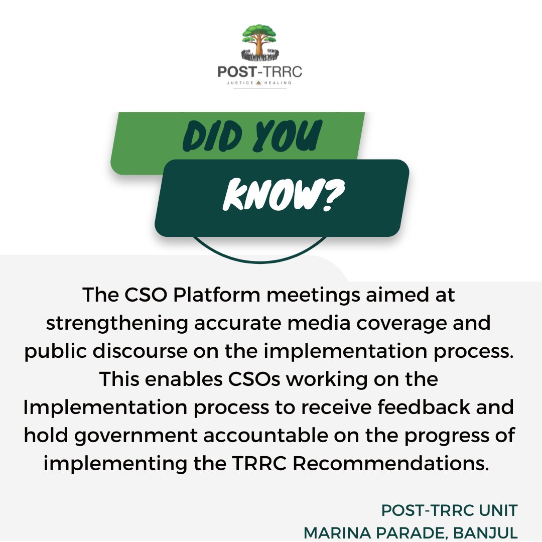 PostTRRC_Gambia's tweet photo. Did you know? 💡
Our CSO Platform meetings strengthen accurate media coverage & public discourse on implementing the TRRC recommendations.
👉 Follow us & join the CSO Platform meeting on Fri, 7 Nov, to learn more about the progress!
#PostTRRC #JusticeAndHealing #Gambia https://t.co/OGhC9WmGWN