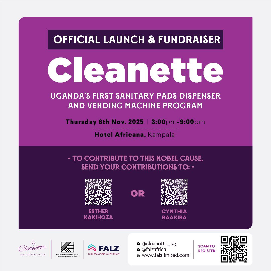 Tomorrow we make history with the Cleanette Official Launch &amp; Fundraiser, the first-ever sanitary pads dispenser and vending machine program in Uganda! 💗

Let’s come together to support innovation that ensures no girl is left behind because of her period.
📍 Hotel Africana,