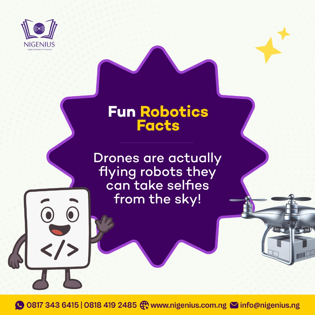 nigenius's tweet image. Did you know?
Drones are actually flying robots that can take selfies from the sky! 

Cool, right? That’s the magic of robotics!
#Nigenius #CodingAndRobotics #STEMLearning #FunFacts