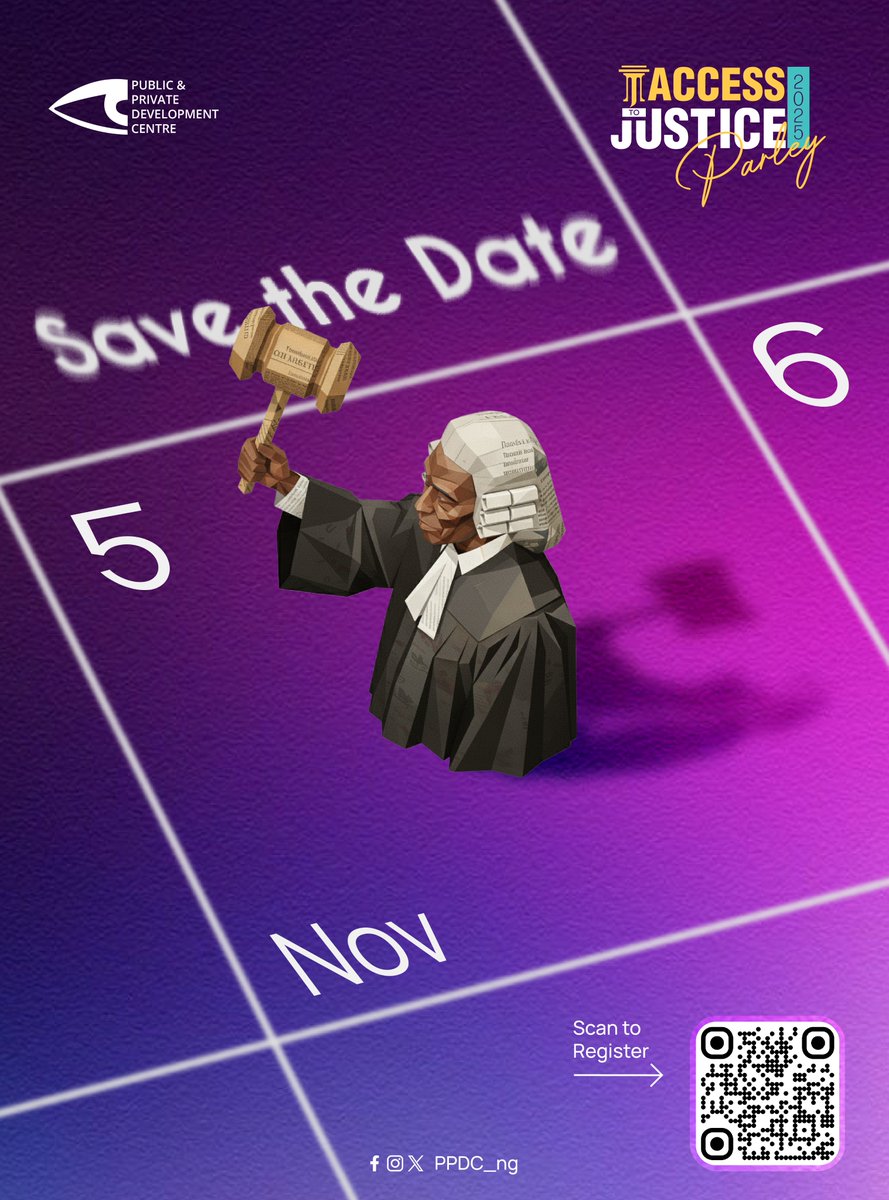 PPDC_ng's tweet image. Yes, our annual Access To Justice Parley is being held this year in Abuja, and you&apos;re encouraged to be a part of this historic gathering of legal minds in Nigeria.

Scan the QR code in the flyer attached to register to attend.

We can&apos;t wait to welcome you!…