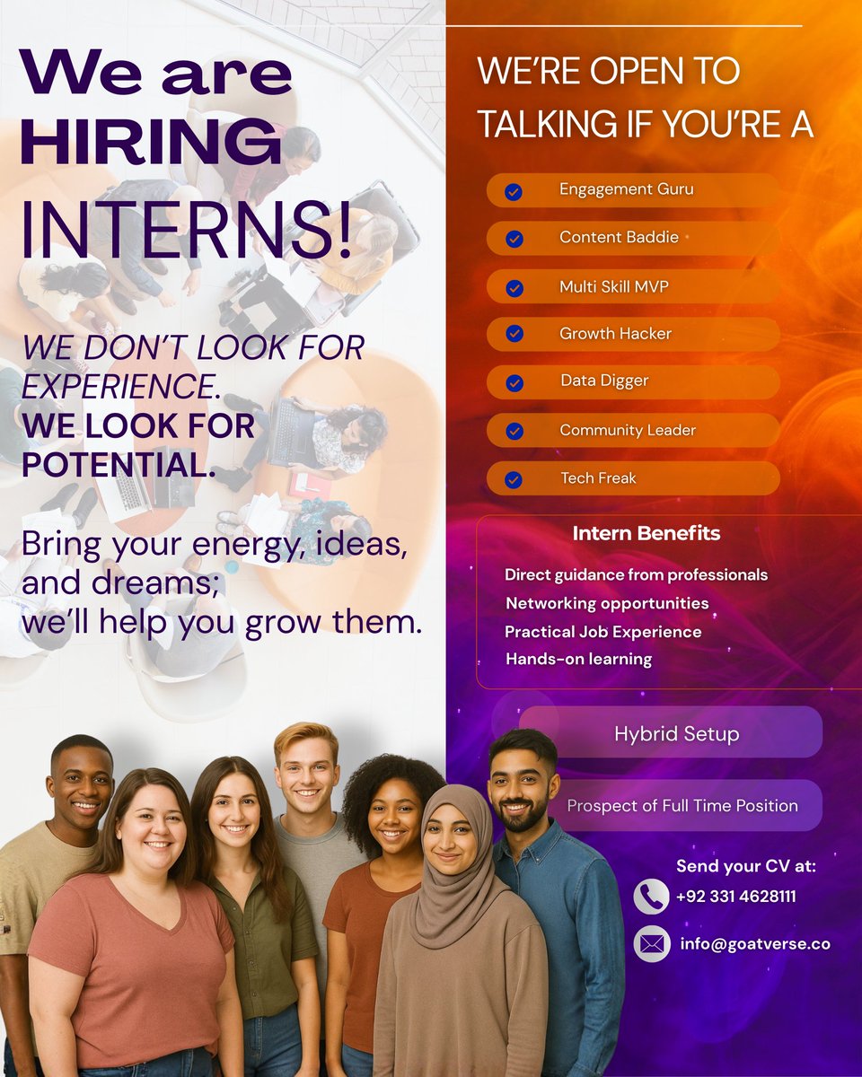 goatplatform_'s tweet photo. 🚀 Interns Wanted!
At G.O.A.T, we don’t hire experience, we grow it.
Join our community of dreamers, doers &amp; future leaders. 🌱✨

📩 Apply now: WhatsApp +92 331 4628111 https://t.co/KyqAFbUBkY