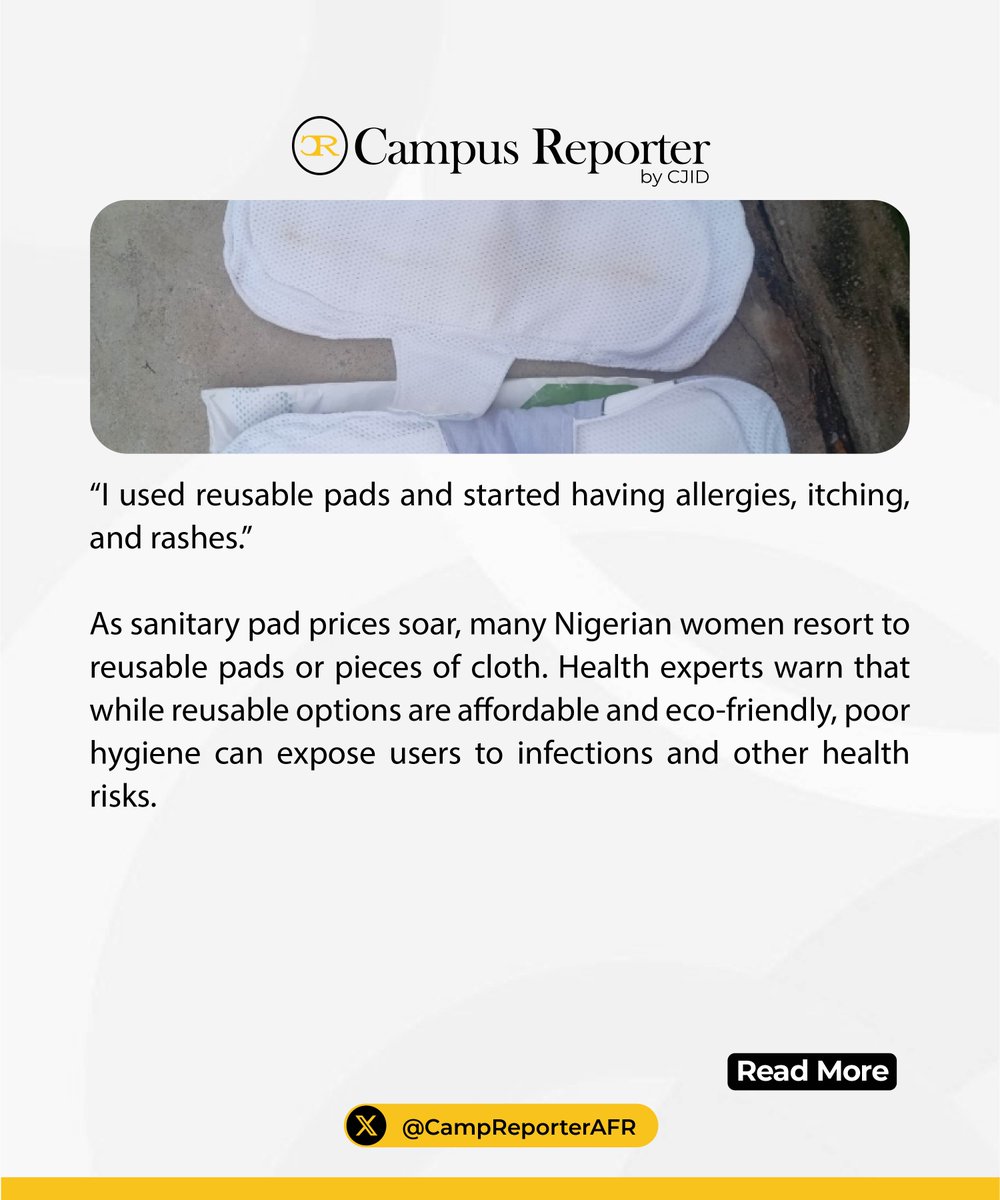 CampReporterAFR's tweet photo. In Nigeria, women rely on different menstrual management methods, with their choices often influenced by cost, availability, and awareness.

@Rose_line24 reports that women who use reusable pads may face an increased risk of infections and other health issues.

Read more: https://t.co/0e4mbr0ugM

#EWMC #CampusJournalism #GenderReality