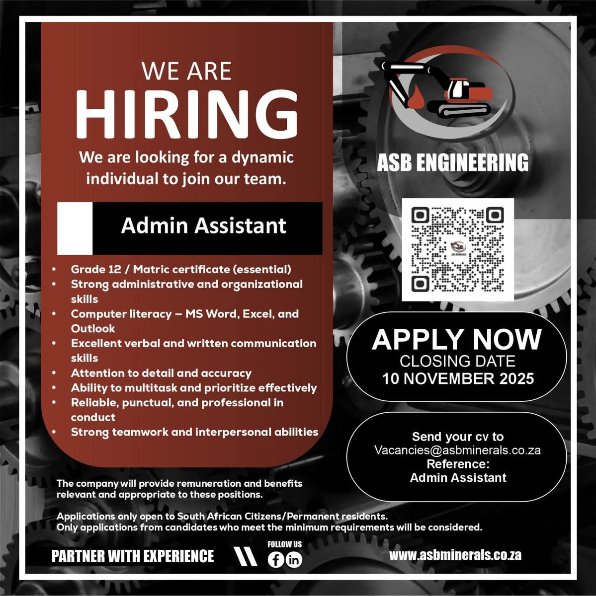 WE’RE HIRING!

We’re looking for a dynamic and detail-driven individual to join our team as an Admin Assistant.

Closing Date: 10 November 2025
Email your CV to: Vacancies@asbminerals.co.za

Reference: Admin Assistant