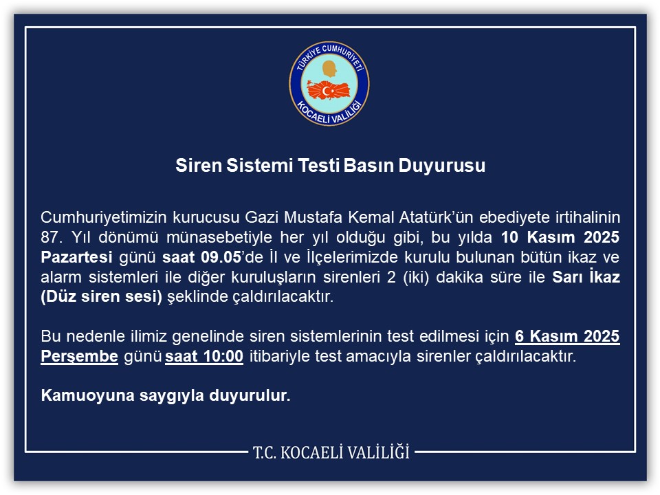 Siren Sistemi Testi Basın Duyurusu
<a href="/afadkocaeli/">AFAD Kocaeli</a> 
⬇️
kocaeli.gov.tr/siren-sistemi-…
