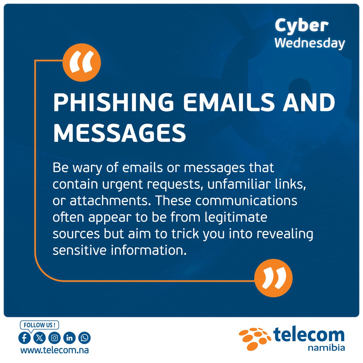 TelecomNamibia's tweet image. Warning: Cybercriminals use legitimate-looking messages to trick you. Never share sensitive information via unverified links.