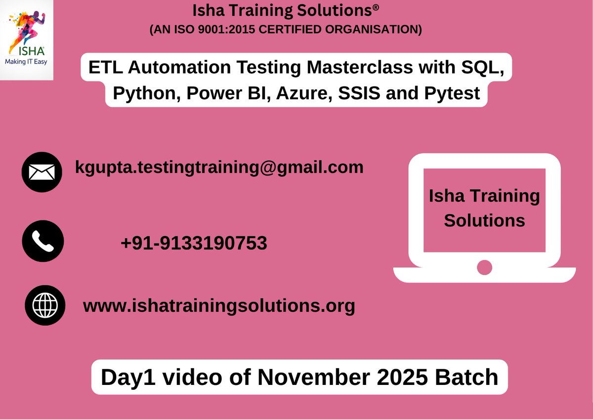 IshaKumargupta's tweet image. ETL Automation Testing Masterclass with SQL, Python 
youtu.be/kq5620WSPRg
Enrollments are still in progress
Regular sessions will start from:5th November @ 9 PM(IST)/5th November @ 10:30 AM(EST)
The course Price: 6,900 INR / 89 USD
call/WhatsApp @ +91- 9133190573
#ETLTesting