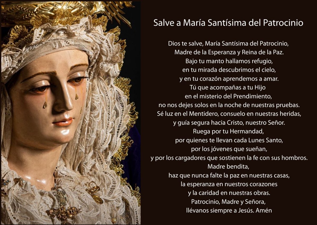 Salve, María Santísima del Patrocinio. Hoy miércoles 5 de Noviembre, a las 20h comenzamos el triduo que te dedican tus hijos de la Hermandad del Prendimiento. Te contemplamos en este primer día como Reina de la Paz, porque eres Madre del Príncipe de la Paz.