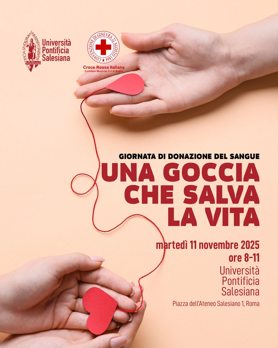 🩸 Una goccia che salva la vita
📅 11/11/2025 | ⏰ 8.00-11.00
📍 UPS
Torna la Giornata di Donazione del Sangue, con la <a href="/crocerossaroma/">Croce Rossa Roma</a> – Comitato Municipi 2-3 Roma.
Un piccolo gesto, un grande aiuto: dona il sangue, salva una vita. ❤️

💻 Prenotati: l1nk.dev/N59iP