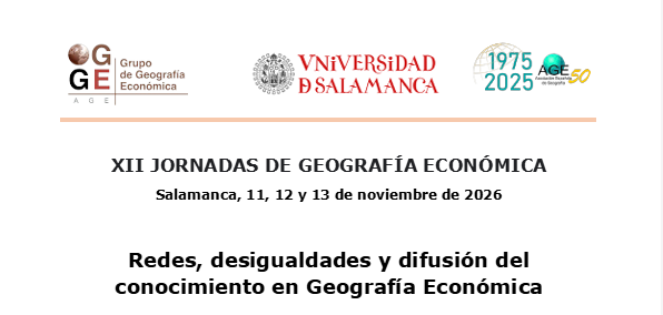 gge_age's tweet image. Publicamos la 1ª circular de las XII Jornadas de Geografía Económica que se celebraran en la @usal del 11 al 13 de noviembre del 2026.
El envío de resúmenes se cierra el 16 de enero.
Para preinscribirse 👉 shre.ink/orEC
Para más información 👉shre.ink/orEZ