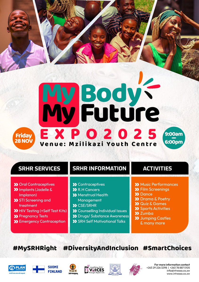 Introducing the My Body My Future Expo!

Get ready for a fun-filled and empowering day in collaboration with our partners <a href="/PlanZimbabwe/">Plan Int' Zimbabwe</a>, @SexualRightsCentre, @NCDPZ  at the Mzilikazi Youth Centre on Friday, 28 November 2025 from 9AM to 6PM!

💬 Here’s what’s in store :
✅ Free