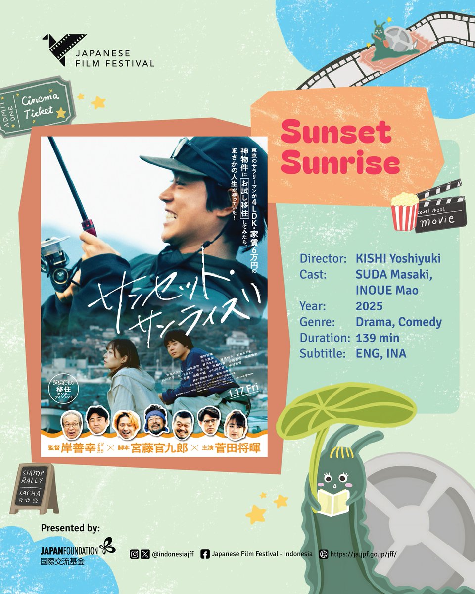 Doki2Station's tweet photo. 🎬 Japanese Film Festival 2025 di Indonesia akan segera dimulai! ✨ 
Mari membuka perjalanan JFF 2025 dengan film yang dibintangi Suda Masaki.
 
SUNSET SUNRISE | KISHI Yoshiyuki | 2025 | Drama, Comedy | 139 min. | 13+ 

📍 Kamis, 6 November 2025 | 19.00 WIB CGV Grand Indonesia https://t.co/SyPSJ7n4f4