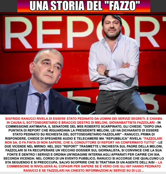 Questi sono peggio della STASI_DDR!!
SIGFRIDO RANUCCI RIVELA DI ESSERE STATO PEDINATO DA UOMINI DEI SERVIZI SEGRETI. E CHIAMA IN CAUSA IL SOTTOSEGRETARIO E BRACCIO DESTRO DI MELONI, GIOVANBATTISTA FAZZOLARI