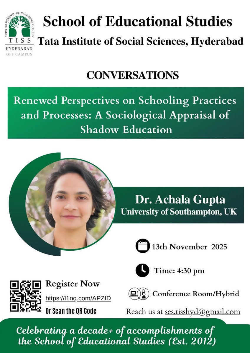 SES is pleased to announce a CONVERSATIONS talk  titled "Renewed Perspectives on Schooling Practices and Processes: A  Sociological Appraisal of Shadow Education" by Dr. Achala Gupta,  University of Southampton, UK.
See poster for details
Link to join zoom.us/j/92167166130?…