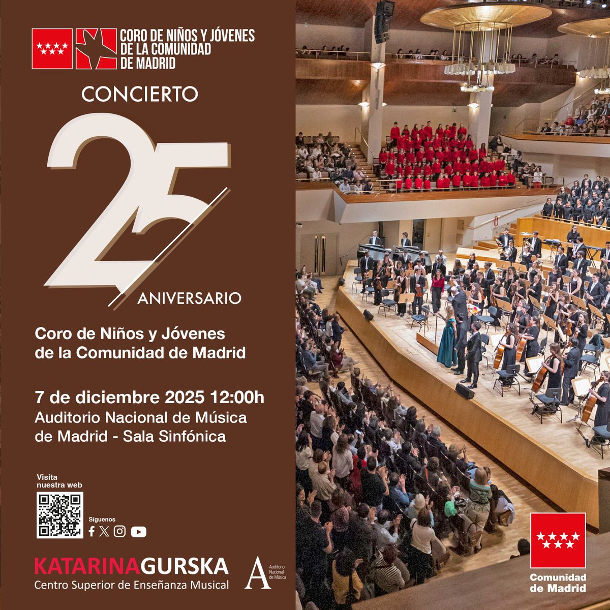 Celebramos los 25 años de la creación del Coro de Niños de la Comunidad de Madrid con un gran concierto en la Sala Sinfónica del Auditorio Nacional de Música.Estrenos de Azurza, Vadillo, Quartel, Díaz de la Fuente, Sánchez-Verdú y Luaces. Despues Mass of the Children de Rutter