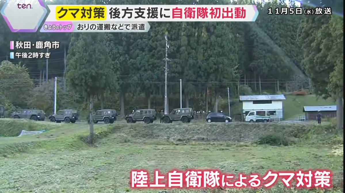 milspec_mi's tweet image. 今日から秋田県に派遣された陸上自衛隊 第9師団の方々
主に戦闘ではなく猟友会の後方支援(クマ捕獲用の檻の運搬と設置)に務めるみたいですね
銃の携行はないが隊員らには『熊除けスプレー 防護盾 ネットランチャー』の携行やプレート入りの防弾チョッキを着用しているらしい
youtu.be/1dzHa4rUJ_w?si…