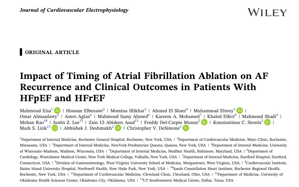 ElBenawiH's tweet image. 🔔”Impact of Timing of Atrial Fibrillation Ablation on AF Recurrence and Clinical Outcomes in Patients With HFpEF and HFrEF”:

Using TriNetX (2010–2024), we studied HF patients with AF (after HF onset)undergoing early (≤1 yr) vs delayed (1–3 yrs) ablation, (7654 HFrEF, 3033…