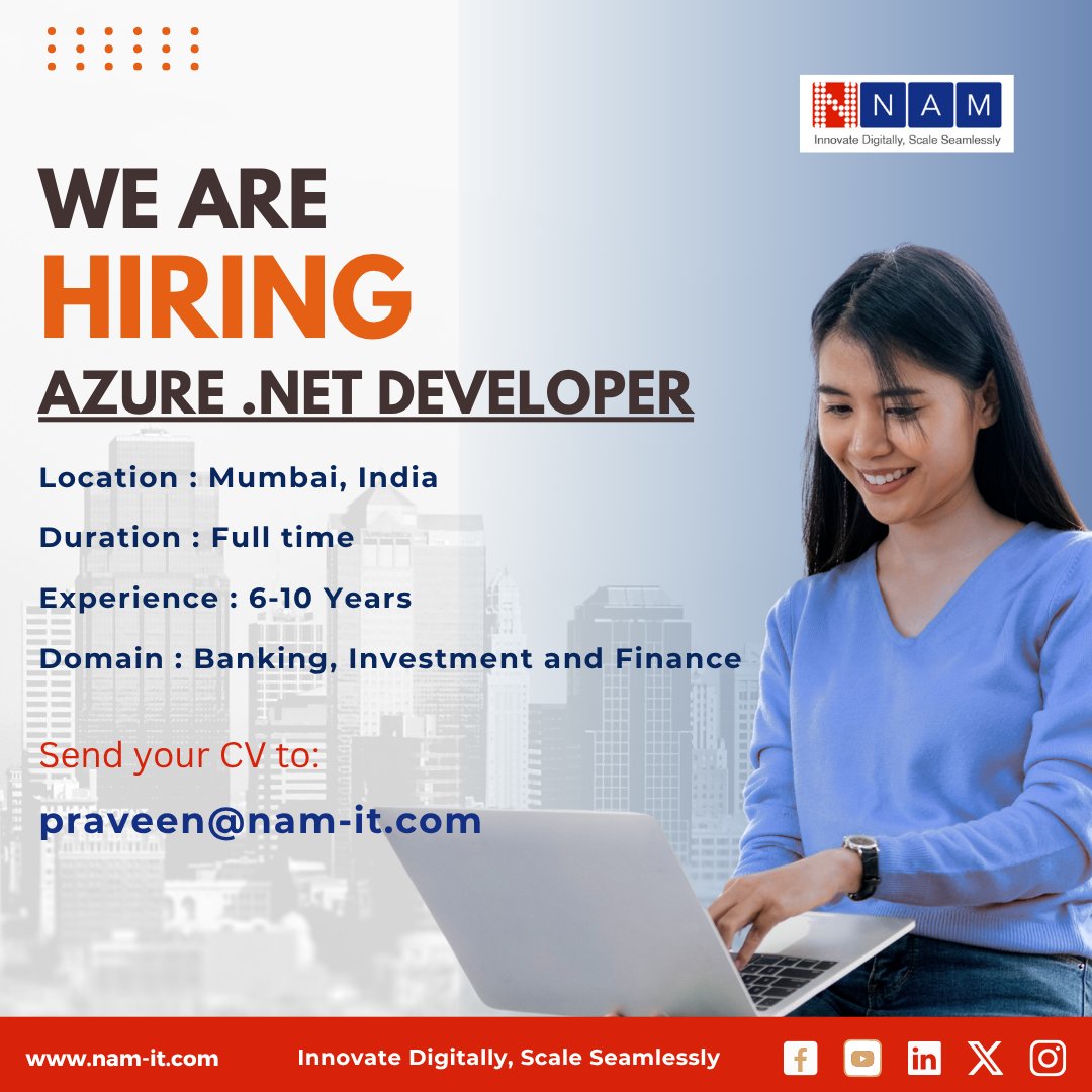 NAMINFO's tweet image. We are currently hiring an experienced Azure .Net Developer to join our dynamic team.

Location : Mumbai, India
Duration : Full time
Experience : 6-10 Years
Domain : Banking, Investment and Finance

For full JD and to apply click here : linkedin.com/jobs/search/?c…

#AzureDotNet…