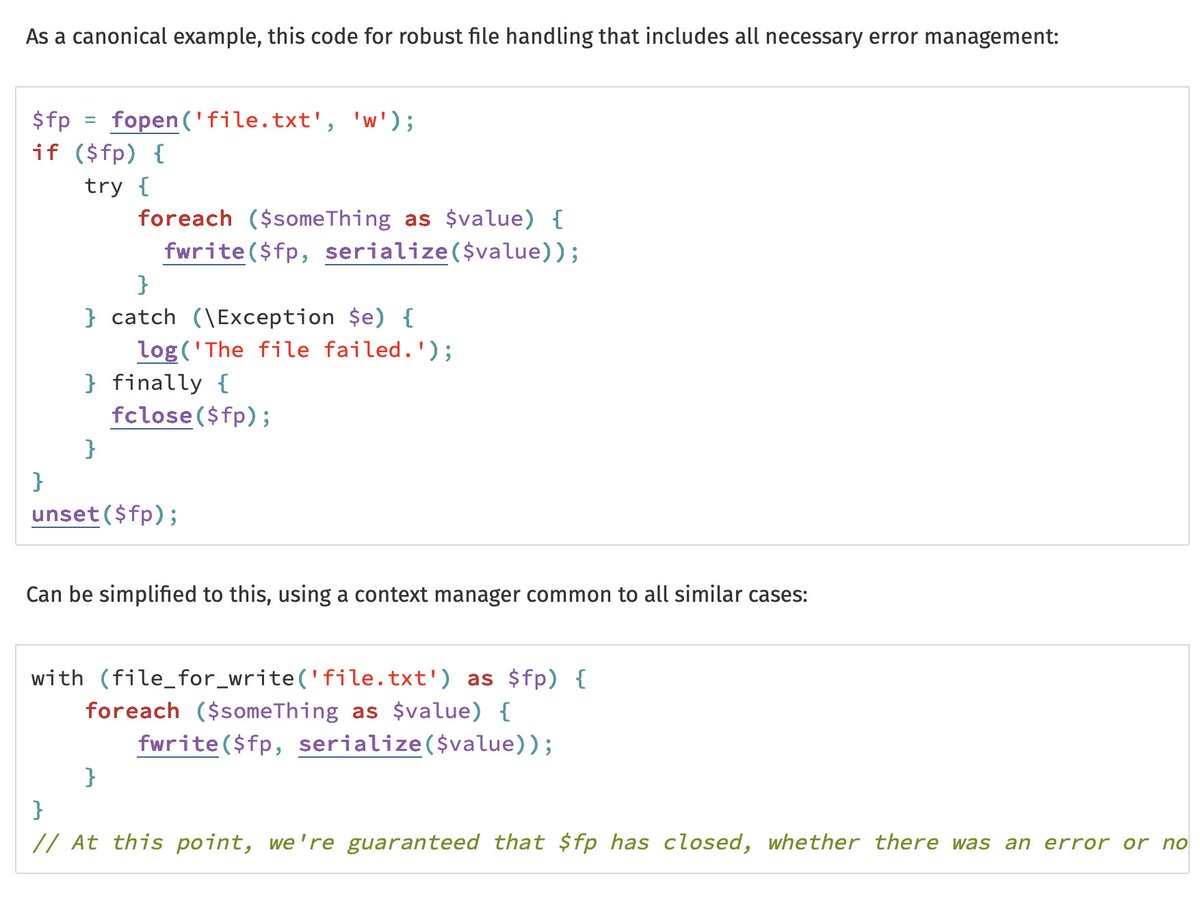 alexdaubois's tweet image. What if #PHP got the &quot;with&quot; keyword/structure from #Python? 🐘🐍

This is what&apos;s being discussed in the PHP internals mailing list 👀

Code snippet from the RFC 👉 wiki.php.net/rfc/context-ma…