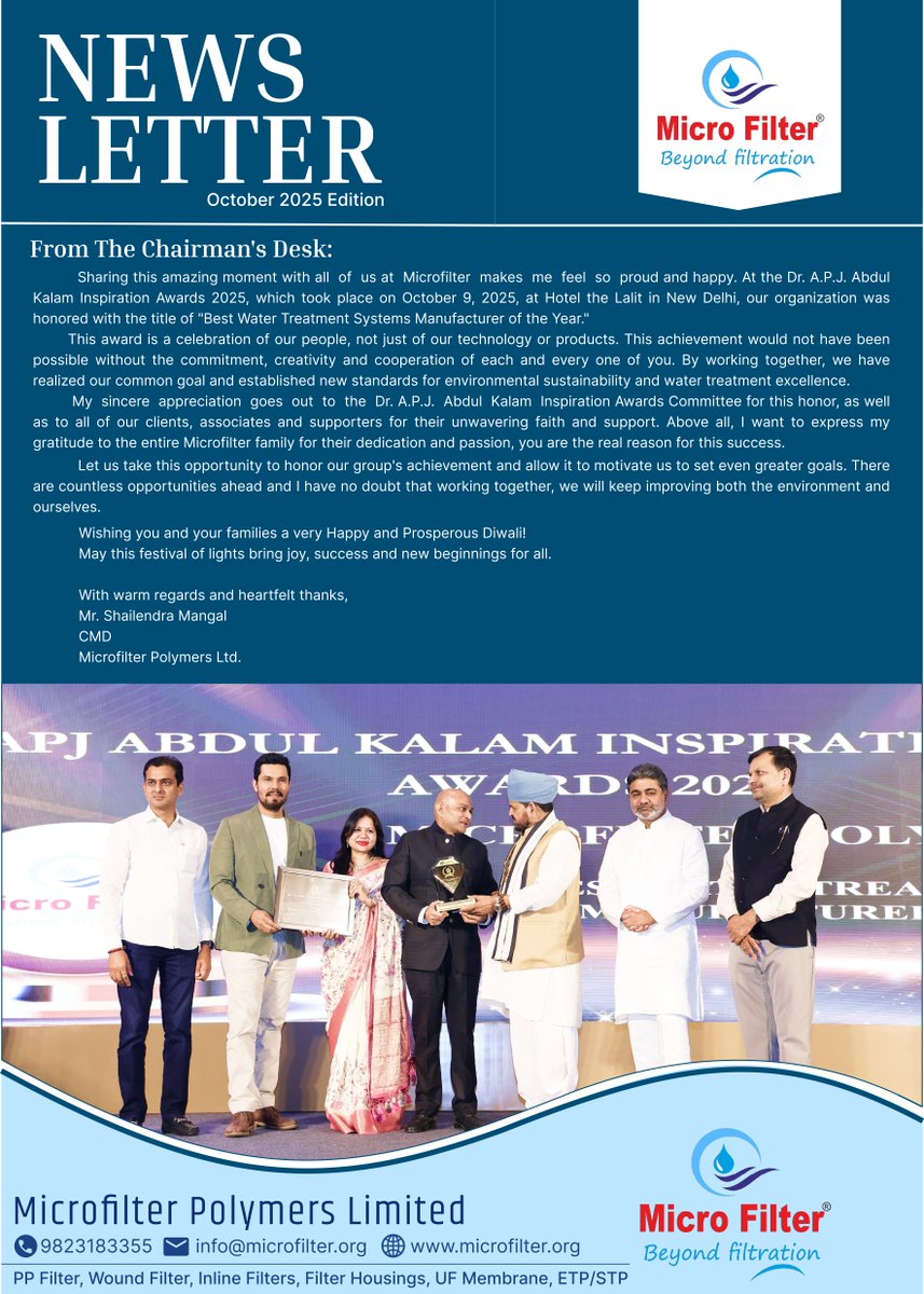 Shailendrangp's tweet image. October 2025 Newsletter Highlights 
@Microfilter Polymers Ltd. wins the Dr. A.P.J. Abdul Kalam Inspiration Award 2025!
Participated in the 12th India CSR &amp;amp; ESG Summit 2025 to promote sustainable water solutions.
#MicrofilterPolymers #CleanWater #Innovation #Sustainability