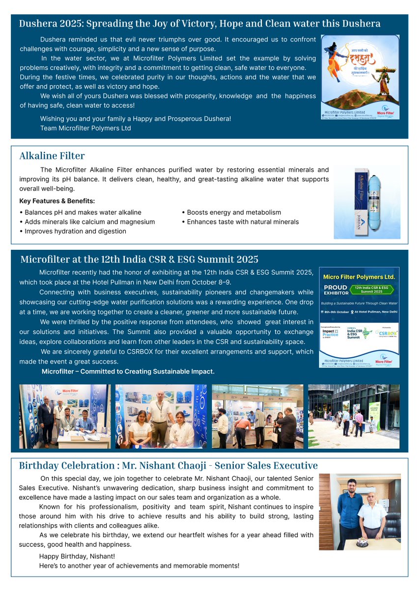 Shailendrangp's tweet image. October 2025 Newsletter Highlights 
@Microfilter Polymers Ltd. wins the Dr. A.P.J. Abdul Kalam Inspiration Award 2025!
Participated in the 12th India CSR &amp;amp; ESG Summit 2025 to promote sustainable water solutions.
#MicrofilterPolymers #CleanWater #Innovation #Sustainability