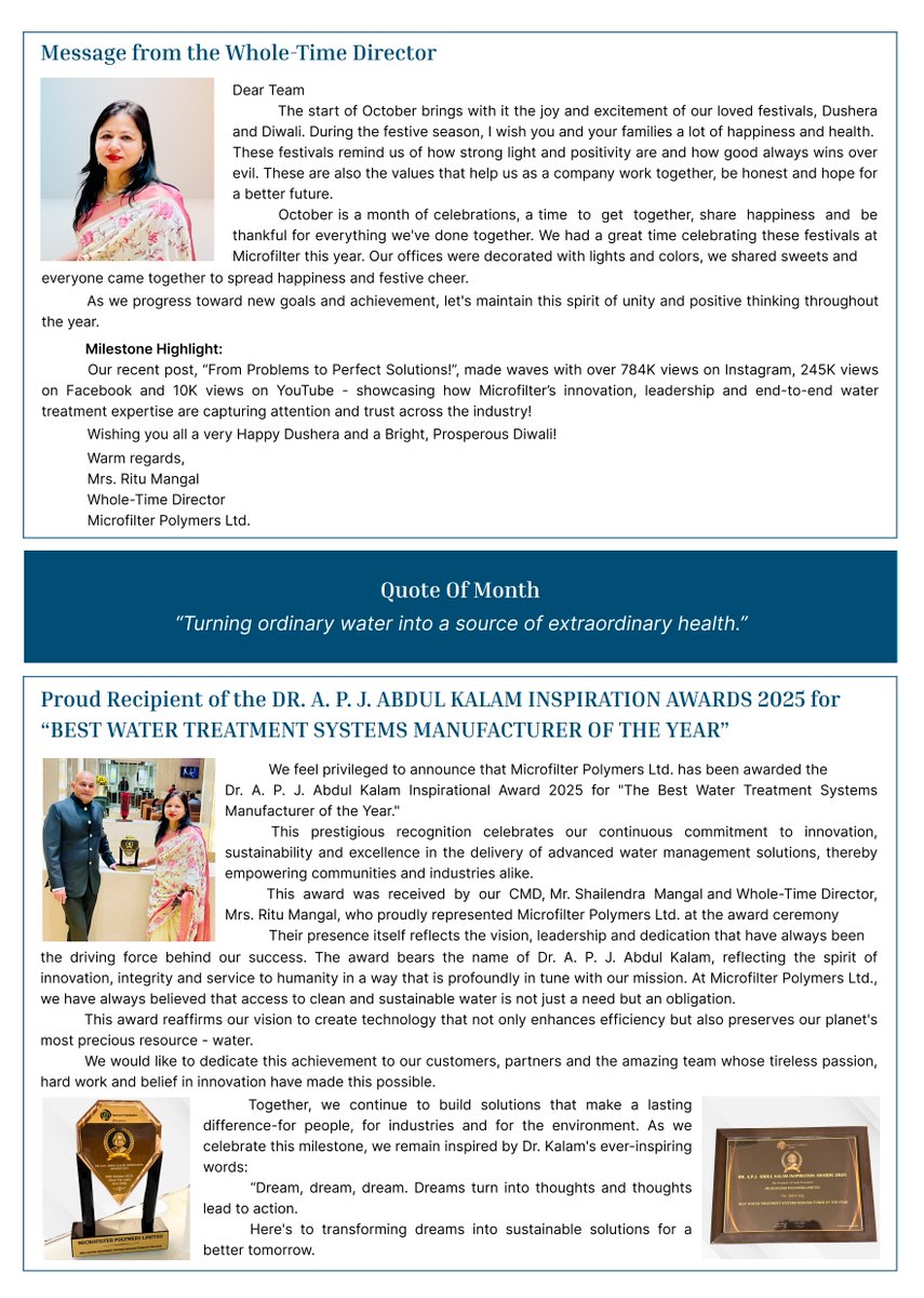 Shailendrangp's tweet image. October 2025 Newsletter Highlights 
@Microfilter Polymers Ltd. wins the Dr. A.P.J. Abdul Kalam Inspiration Award 2025!
Participated in the 12th India CSR &amp;amp; ESG Summit 2025 to promote sustainable water solutions.
#MicrofilterPolymers #CleanWater #Innovation #Sustainability