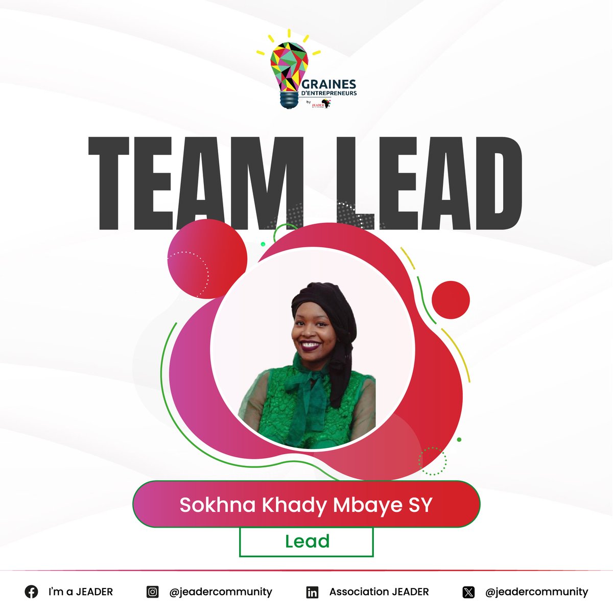 jeadercommunity's tweet image. Nouvelle Lead de la commission “Graines d’Entrepreneurs” au sein de JEADER, Sokhna Khady Mbaye SY met son expertise et son énergie au service de la Jeunesse africaine.
Elle œuvre à faire éclore une nouvelle génération de leaders conscients, audacieux et engagés.
#JEADER #GE