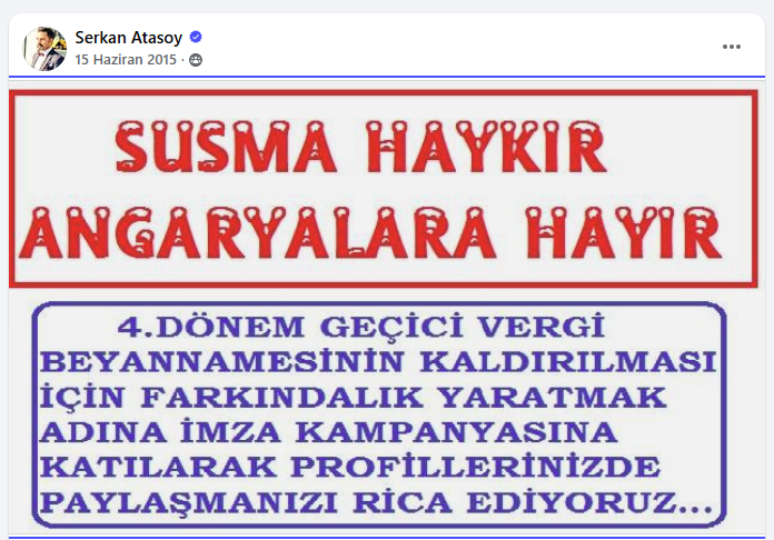 #GeçiciVergi 

Ne yapalım bu mücadelelere geri mi dönelim? 

Geçici Vergide 2 Dönem Yeterli iken 4. Dönemi yeni kaldırmışken yeniden getirmeye çalışmak...

YAPMAYIN!!!
.
.
<a href="/MuhasebeBT/">Muhasebe Bilenler</a>