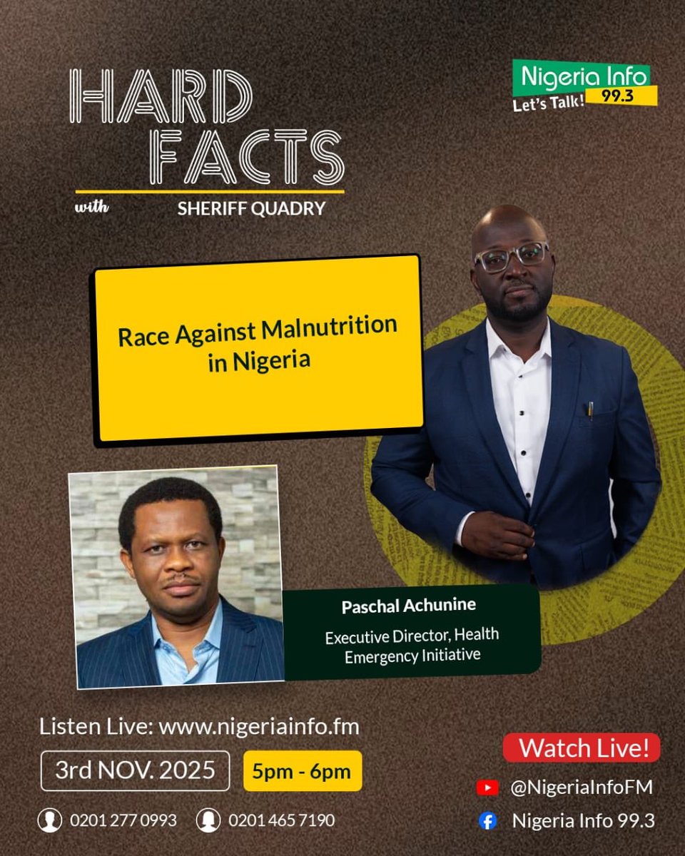 Over the years, HEI has aided over 8,200 children battling malnutrition and the fight continues.
We can’t do this alone and the greater the number🤝 - the more impact💪🏽 can be achieved. 
Join our founder as he discusses on solutions against malnutrition. <a href="/NigeriainfoFM/">Nigeria Info FM 99.3</a>