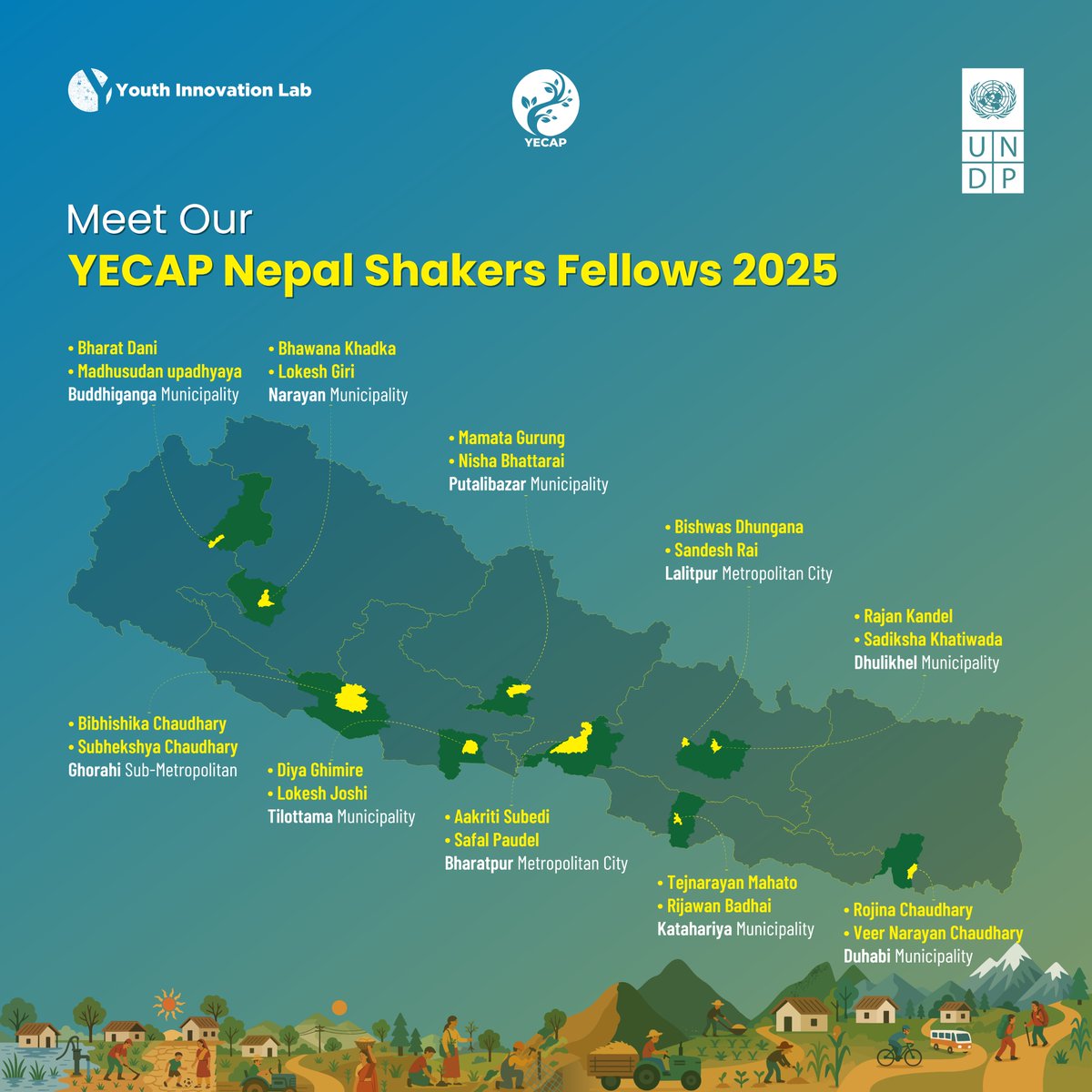 🌱 Meet Nepal’s first YECAP Shakers Fellows!

20 young leaders from 10 youth-led CSOs across all 7 provinces of #Nepal have joined the inaugural fellowship by <a href="/UNDPNepal/">UNDP in Nepal</a> &amp; <a href="/YILabNepal/">Youth Innovation Lab</a>—empowering youth-led, inclusive climate action.

The fellows will participate in immersive