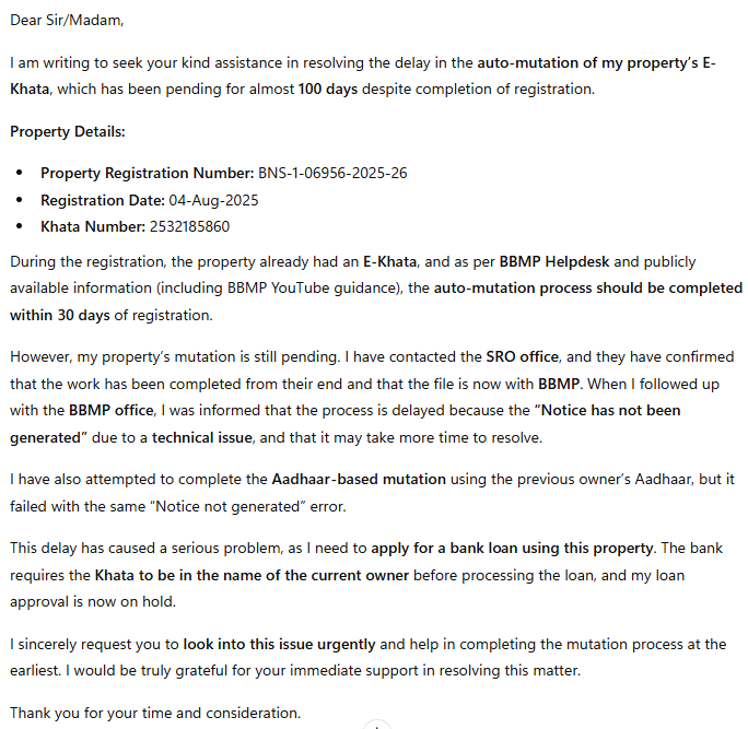 balajisitecore's tweet photo. Request for Urgent Resolution – 100 days Delay in Auto-Mutation of E-Khata for Property BNS-1-06956-2025-26
#BBMP @BbmpEast  @ZC_Bommanahalli @BBMPMahadevpura @BbmpEast @BBMP_Covid19  @bbmp
#BBMP  #blr https://t.co/Xc07ow85tU
