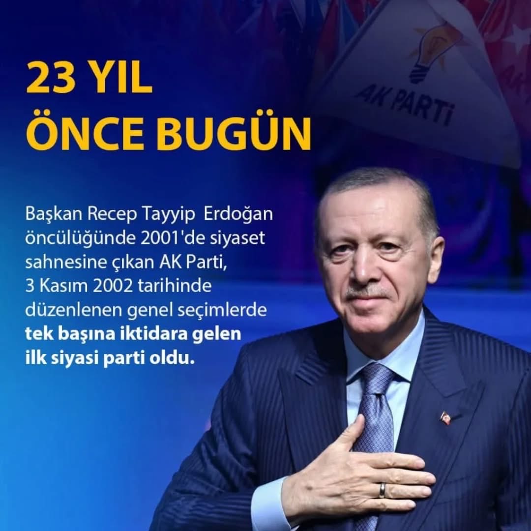 Daha güzel günlere, daha güçlü geleceğe, 
Omuz omuza, hep birlikte… 🇹🇷

Milletimizin partisi AK Parti’mizin iktidara gelişinin 23. yılı kutlu olsun.

<a href="/RTErdogan/">Recep Tayyip Erdoğan</a>
<a href="/Akparti/">AK Parti</a>

#3Kasım2002 
#BirMilattır3Kasım
#DurmakYokYolaDevam