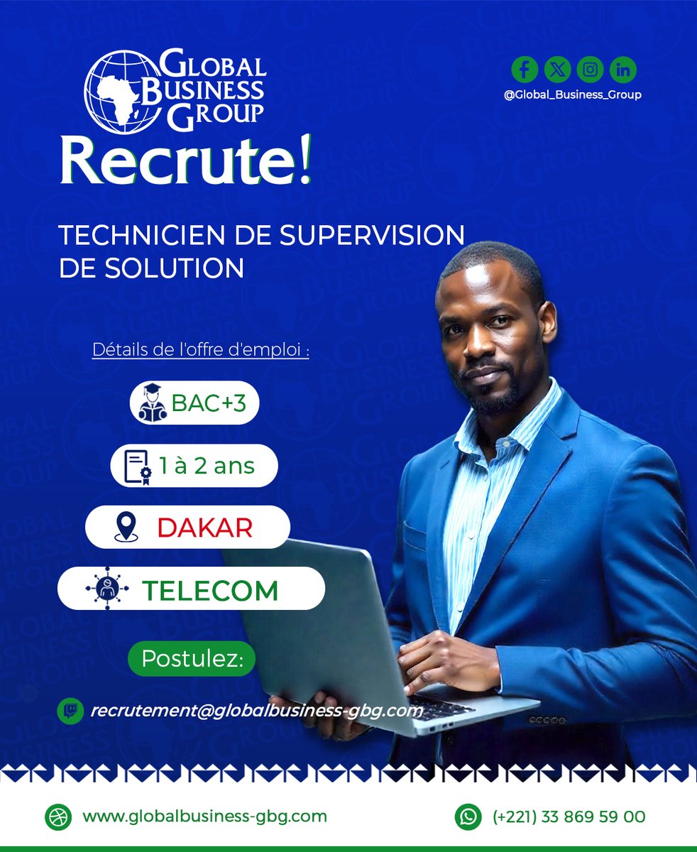 Global_GBG's tweet photo. Recrutement – Technicien de supervision de solution
📍 Dakar | 🎓 BAC+3 | 🧠 1 à 2 ans d’expérience | 🔌 Secteur Télécom
Envoyez votre CV à 👉 recrutement@globalbusiness-gbg.com
🖋️ Objet : Intitulé du poste
🌐 https://t.co/qLT29kFYPU
#Emploi #Recrutement #Télécom #Dakar #GBG https://t.co/aY54MY52jf
